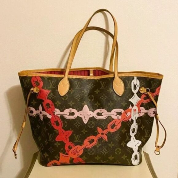 Louis Vuitton Neverfull MM Bag Bay Brown Pink Rose Ballerine Chain Tote Purse - Picture 2 of 12